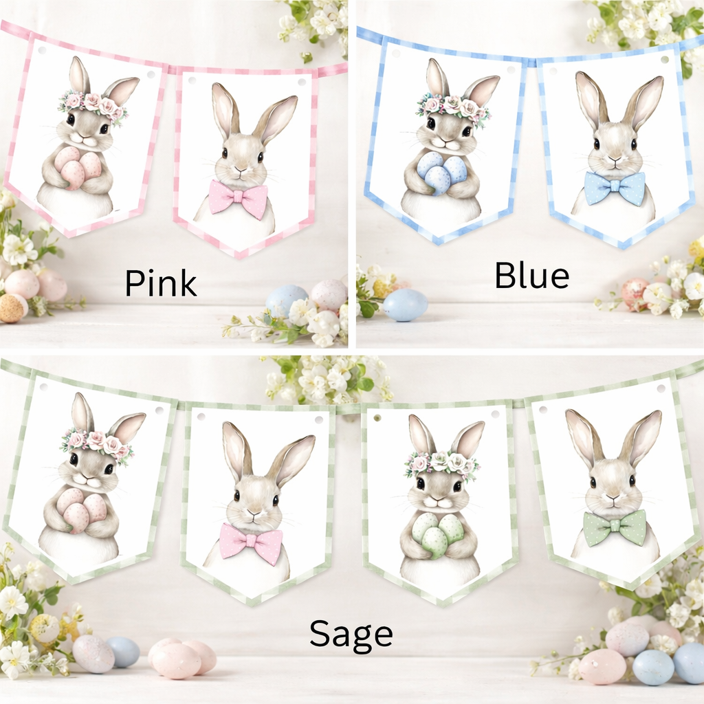 Easter Bunny Bunting – Gingham Bunny Garland in Pink, Blue or Sage