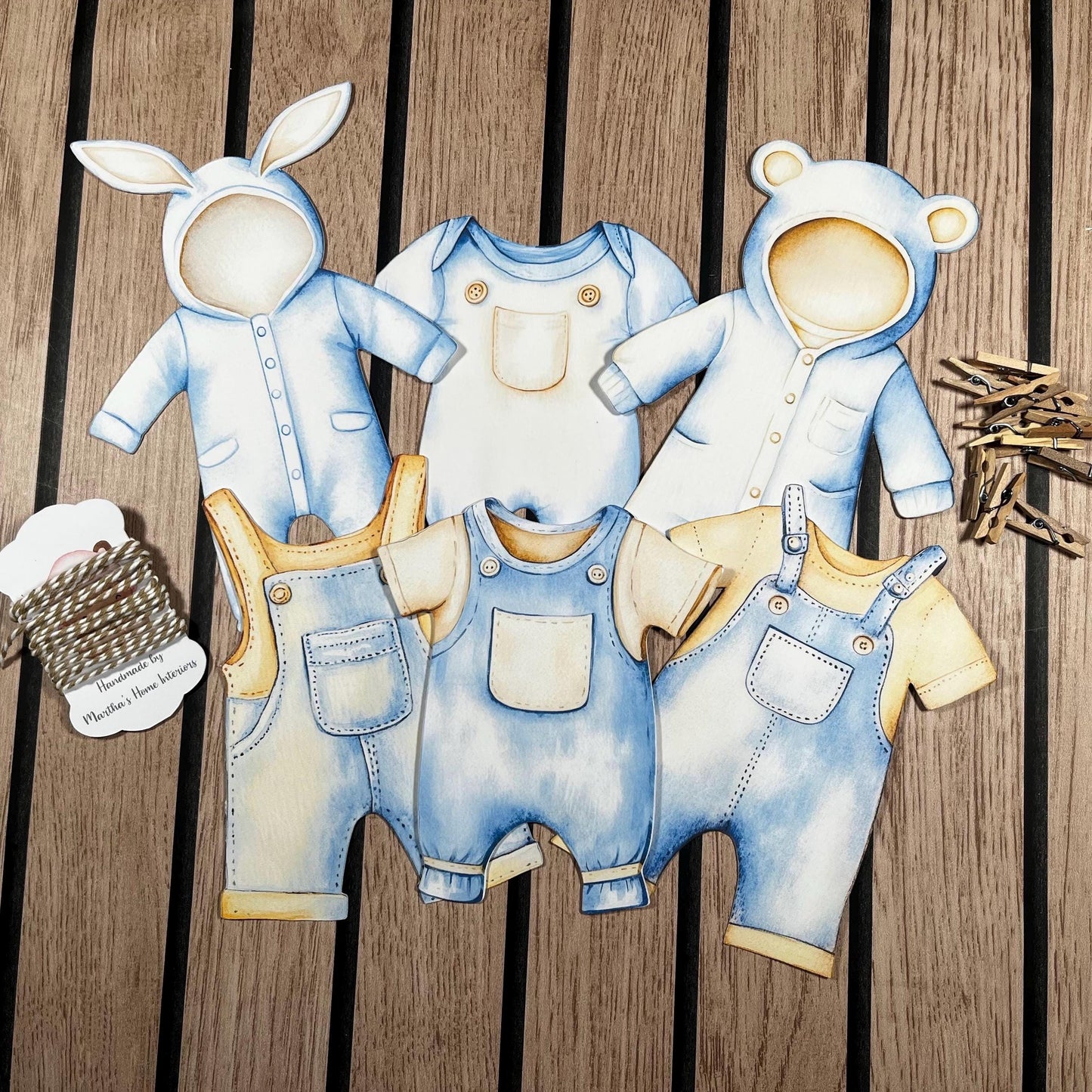 Baby Shower Bunting Washing Clothes Line Style - Beige and Blue