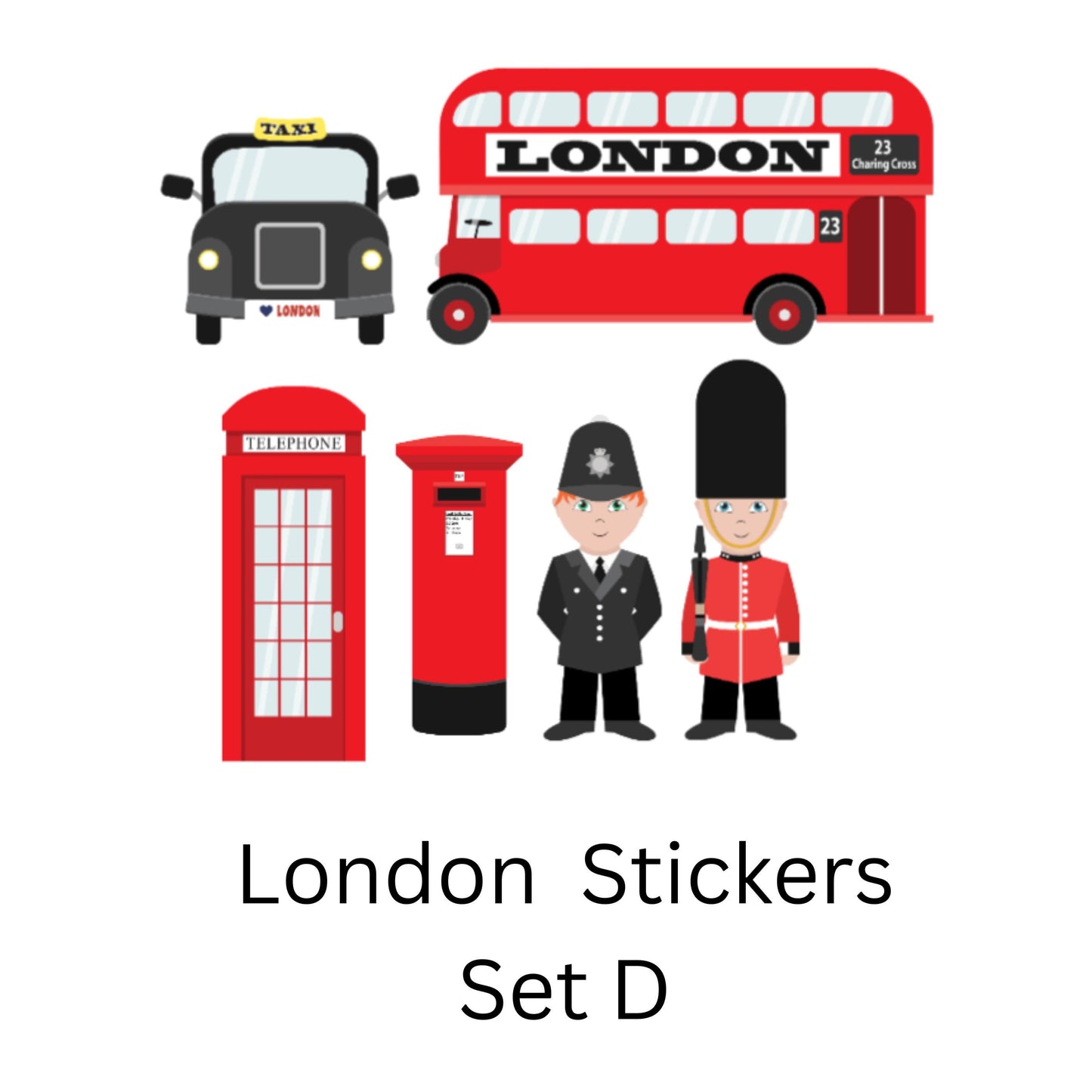 London Themed Vinyl Wall Stickers – Black Taxi, Red Bus & British Icons – Matt or Glossy Finish