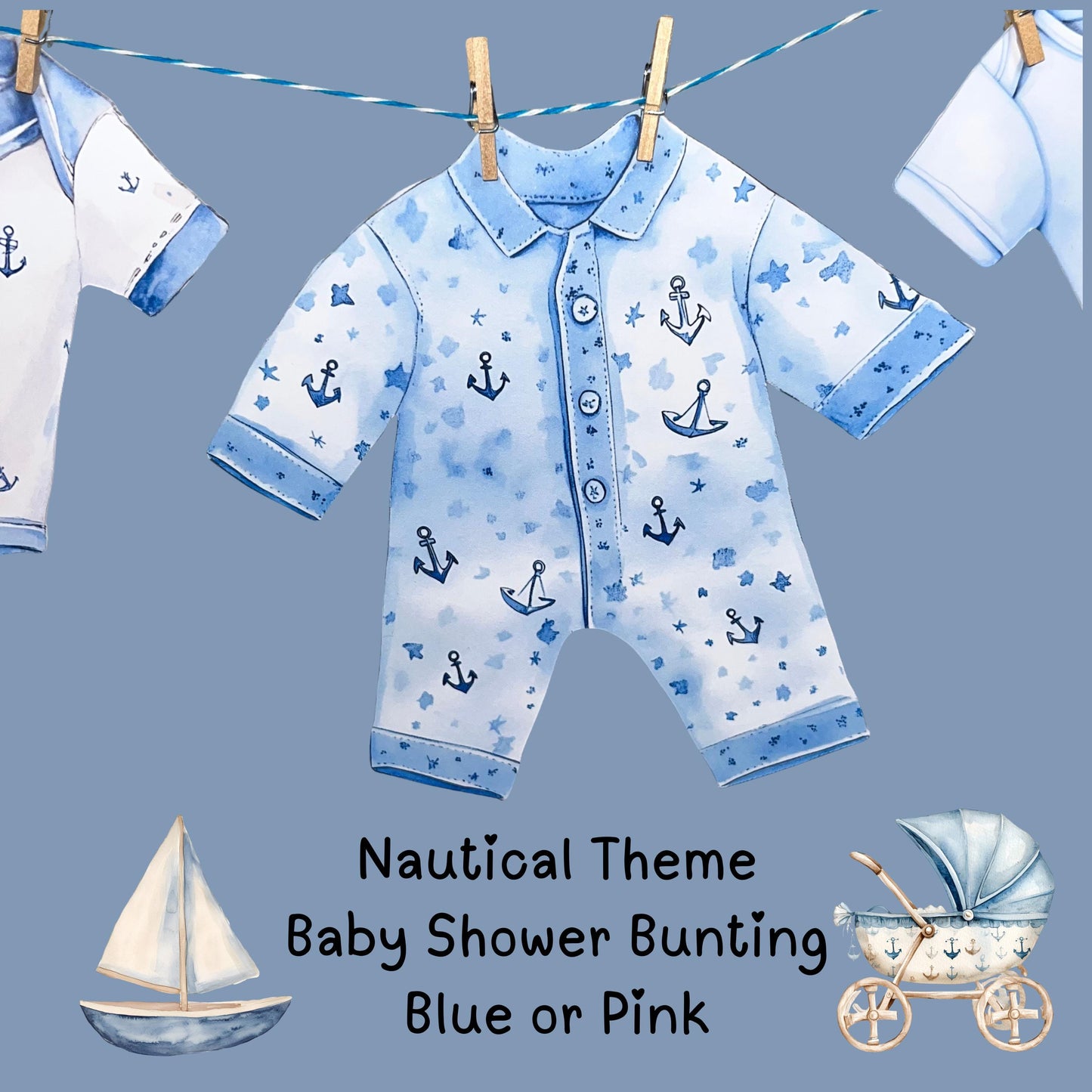 Nautical Baby Shower Bunting – Blue or Pink Baby Clothes Garland