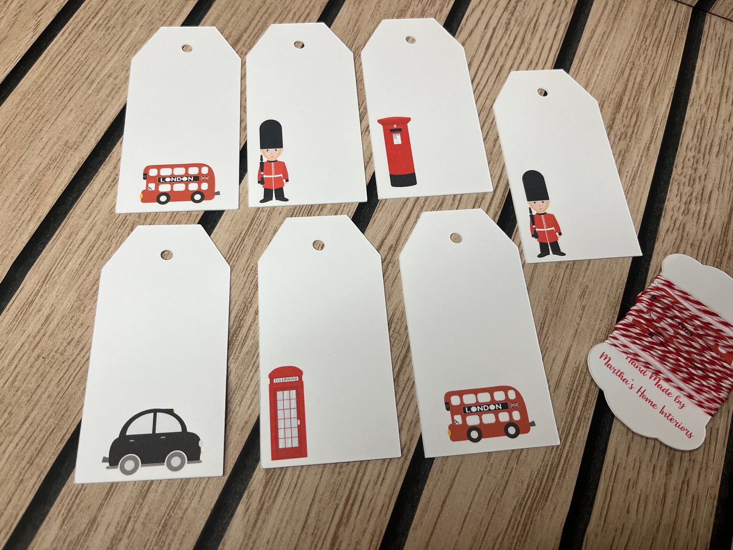 London Gift Tags Set of 7 – Handmade Tags with Soldier, Bus, Taxi, Post Box & Telephone Designs ,
