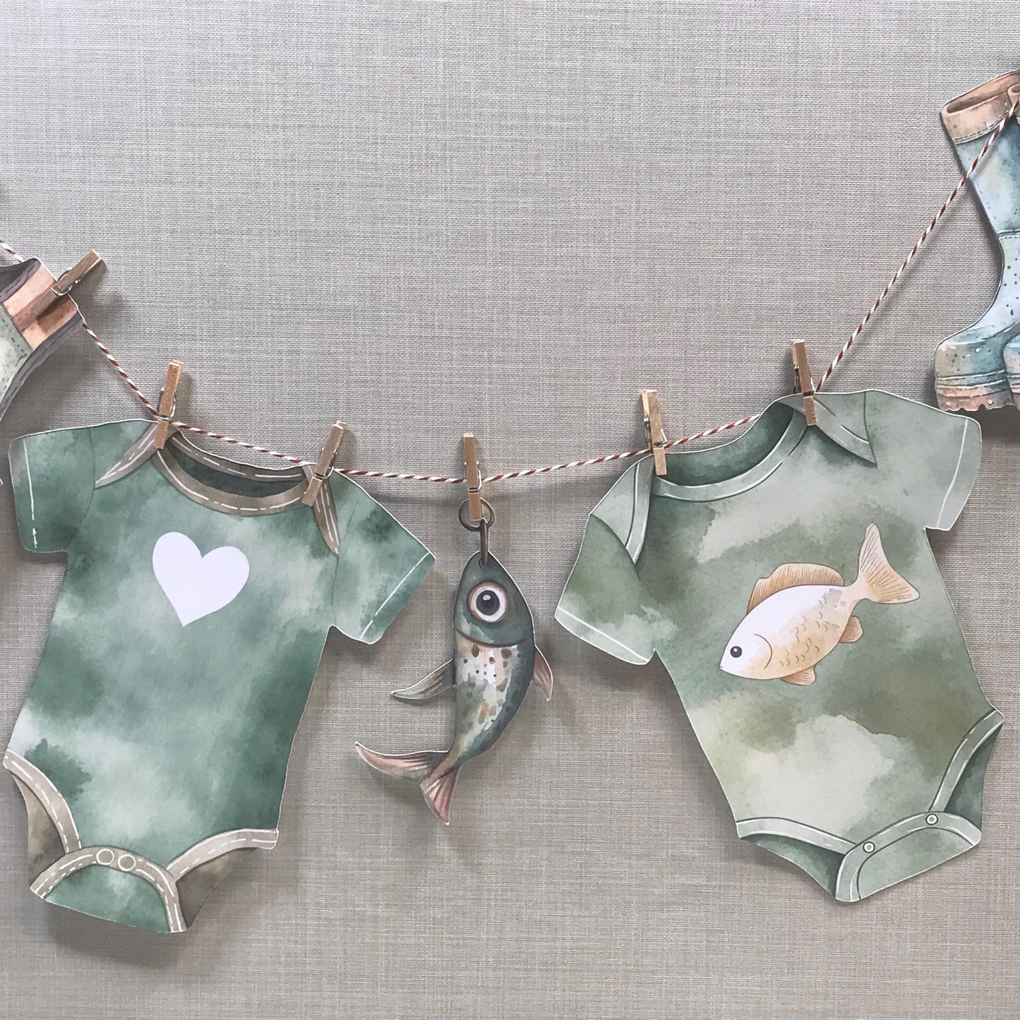 Little Fisherman Baby Shower Bunting Washing Line Style With Mini Wooden Pegs