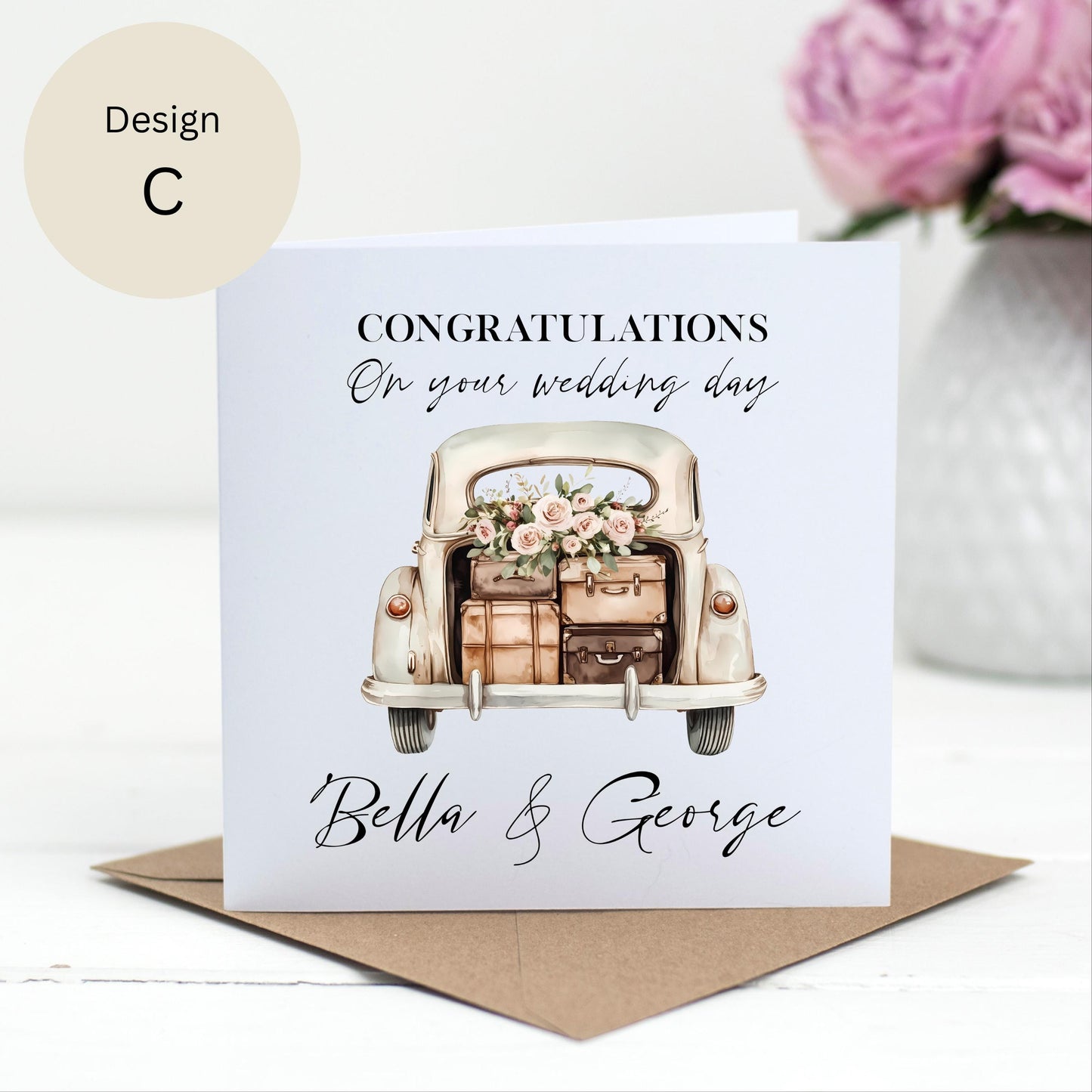 Personalised Vintage Car Wedding Card – Custom Names – 6 Designs Available