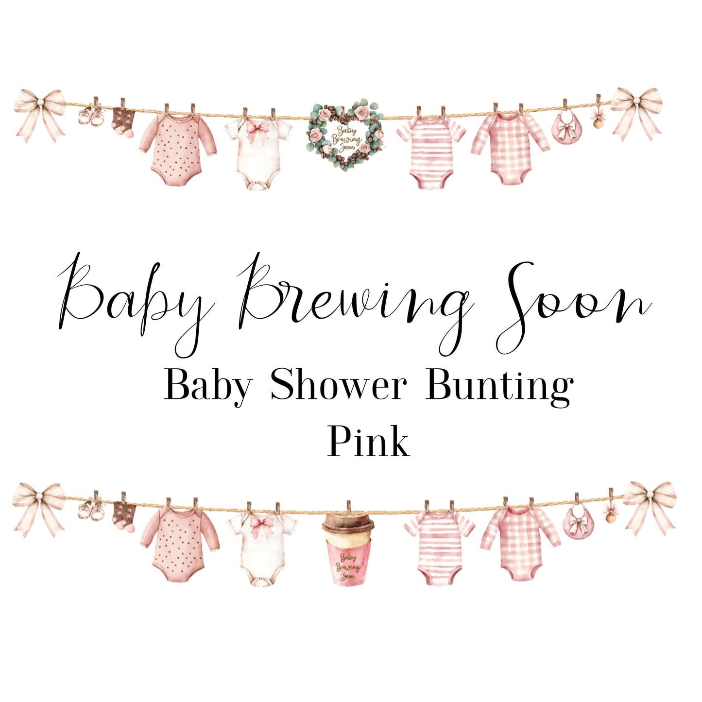 Baby Brewing Soon Clothesline Bunting – Handmade Baby Shower Garland with Mini Pegs, Heart or Coffee Cup Design