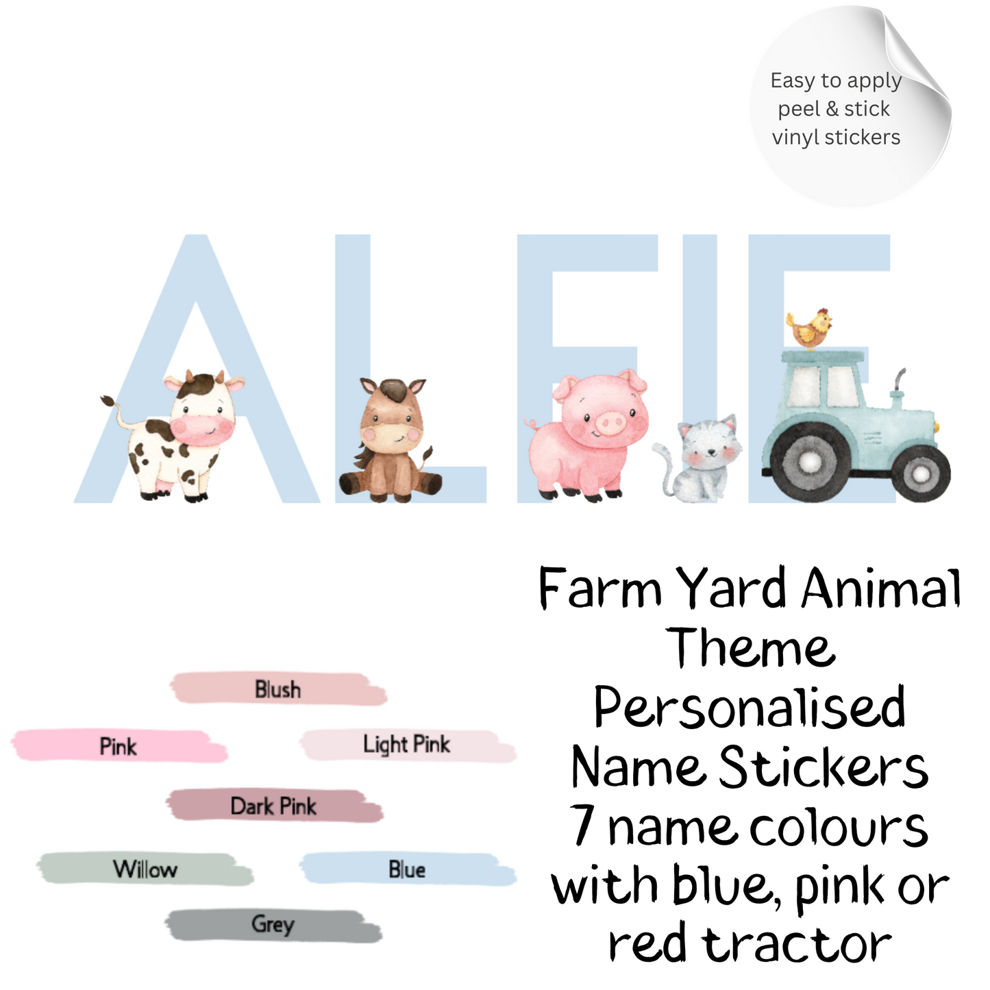 Personalised Pink Farm Animal Name Wall Stickers 5"/12.7 cm – Nursery Vinyl Decal, Tractor Farm Decor for Girls Room