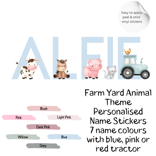 Personalised Pink Farm Animal Name Wall Stickers 3"/7.6 cm – Nursery Vinyl Decal, Tractor Farm Decor for Girls Room