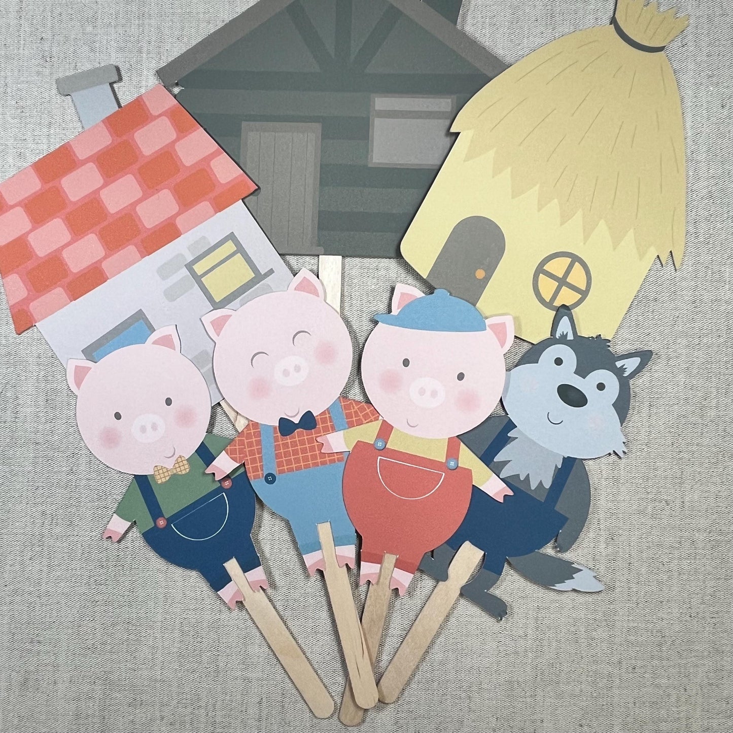 3 Little Pigs Storytelling Stick Set – Characters & Houses on Lolly Sticks