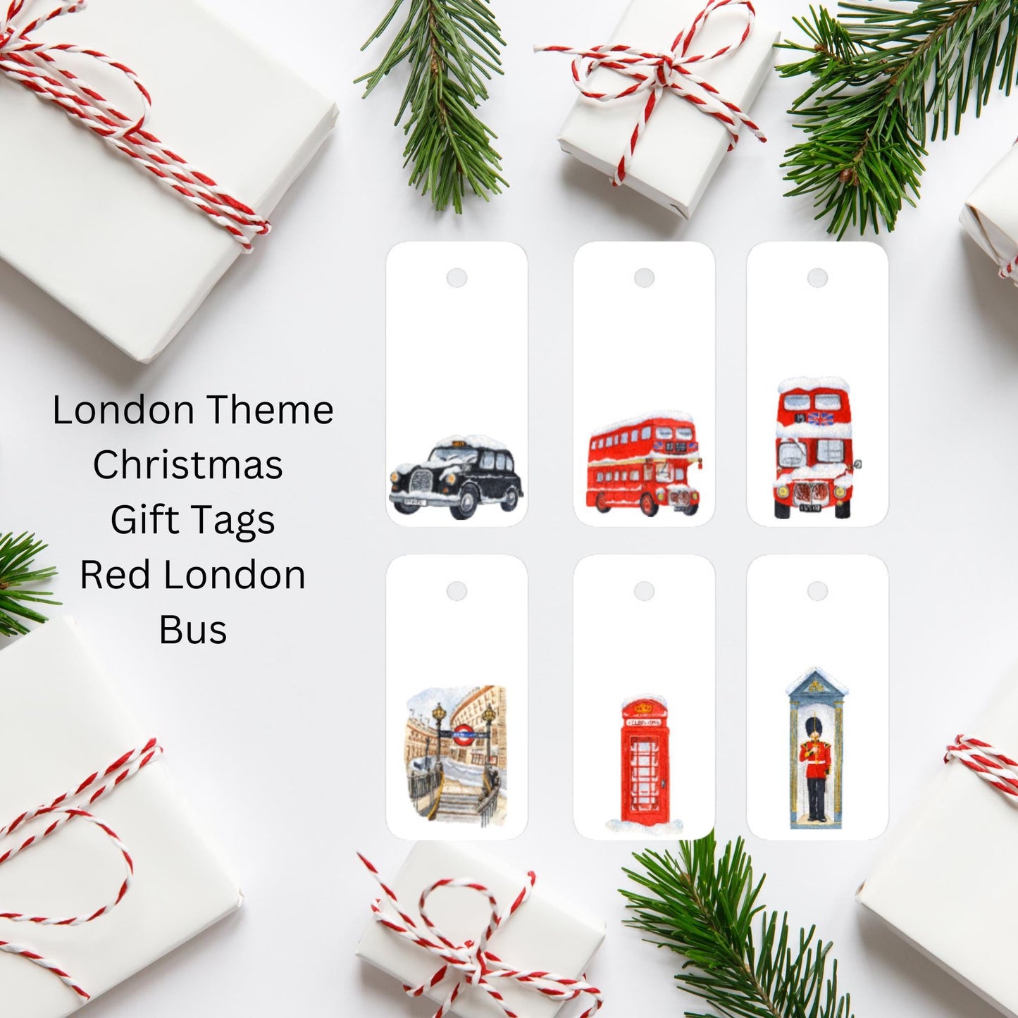 London Themed Christmas Gift Tags – Iconic London Buses, Taxi, Guard & Underground with Baker’s Twine