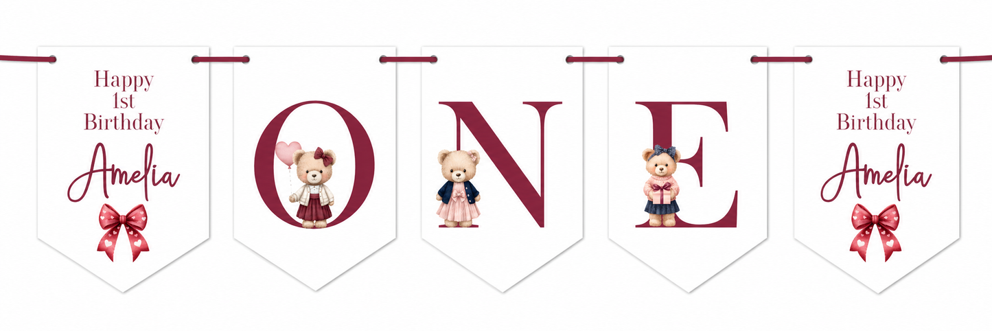 Personalised Teddy Bear 1st Birthday Bunting – Pink ONE High Chair Banner