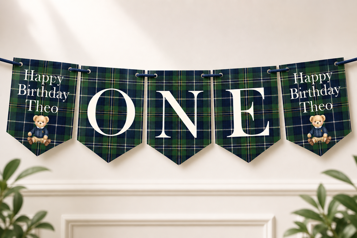 Personalised Posh Teddy Bear Birthday Banner – Vintage Tartan Plaid Bunting (Ages 1–3)