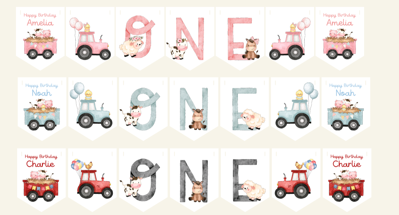 Personalised Birthday Bunting with Child’s Name – Farmyard Tractor Theme