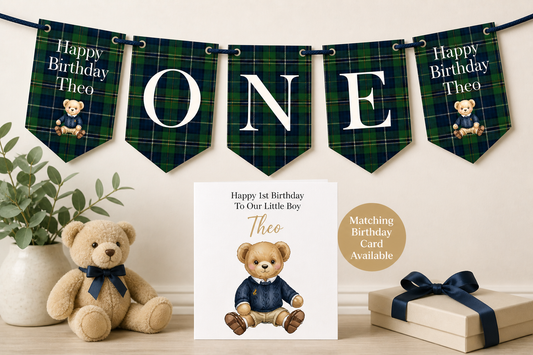 Personalised Posh Teddy Bear Birthday Banner – Vintage Tartan Plaid Bunting (Ages 1–3)