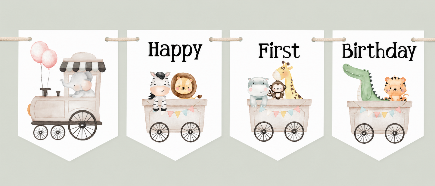 Jungle Animal First Birthday Bunting – Safari Train Birthday Banner
