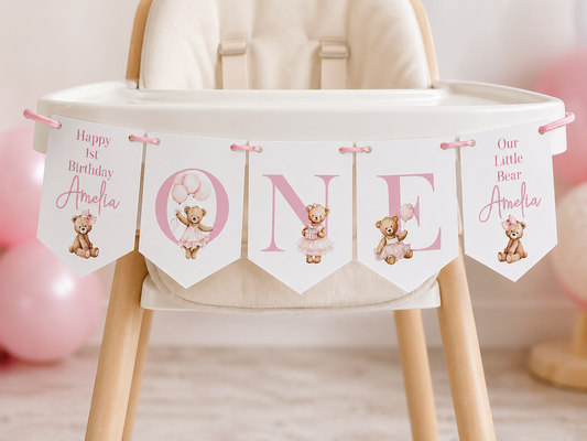 Personalised Teddy Bear First Birthday Bunting – Pink ONE Birthday Banner