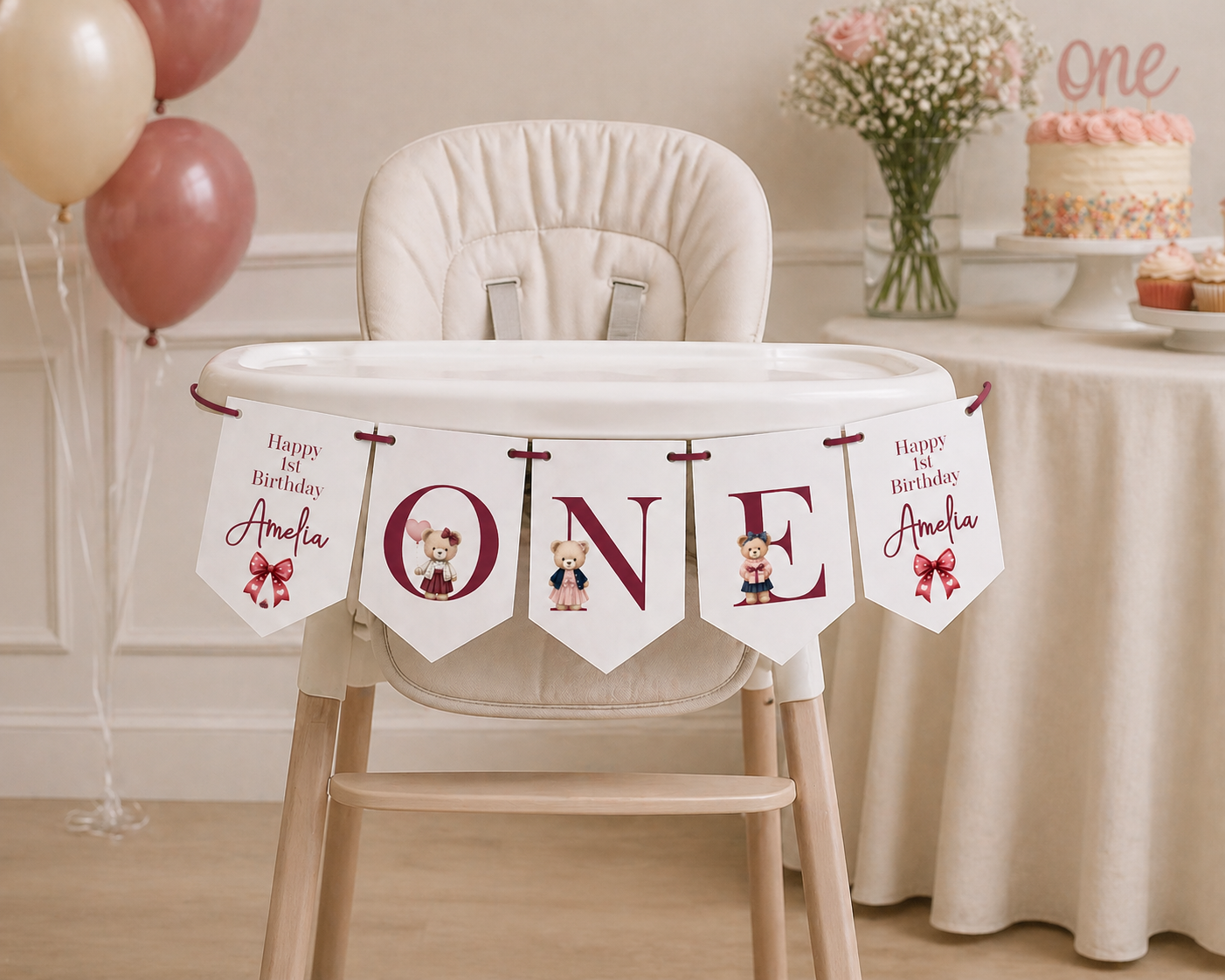 Personalised Teddy Bear 1st Birthday Bunting – Pink ONE High Chair Banner