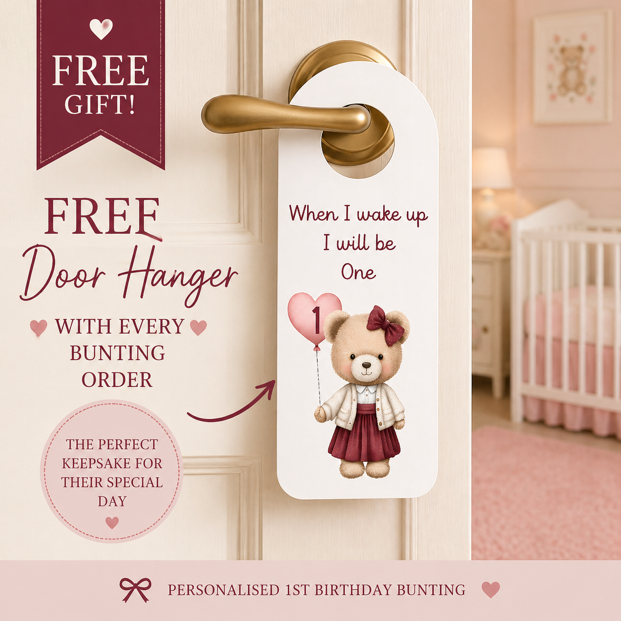 Personalised Teddy Bear 1st Birthday Bunting – Pink ONE High Chair Banner