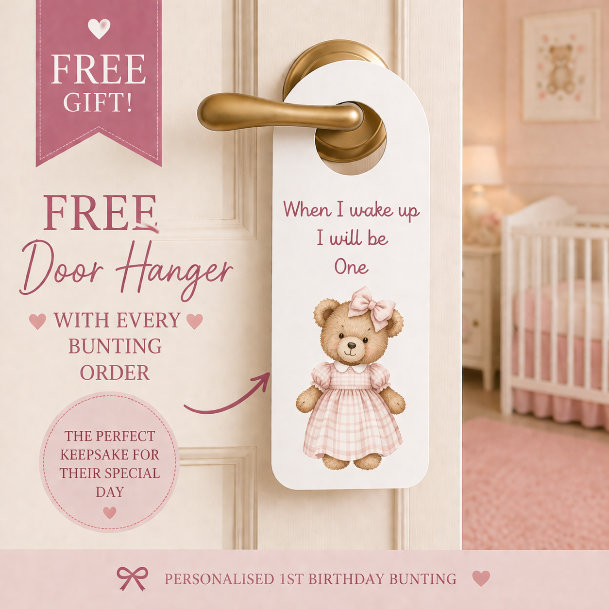 Personalised Teddy Bear First Birthday Bunting – Pink ONE Birthday Banner