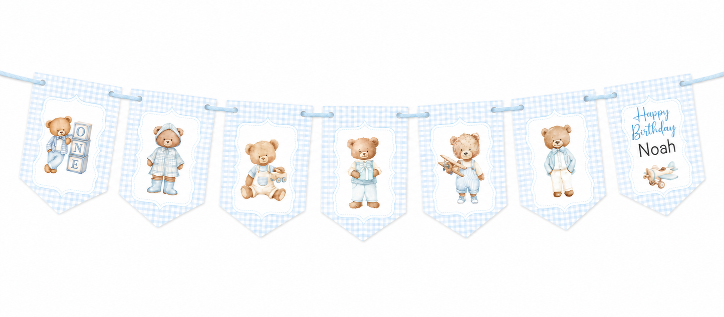 Personalised Teddy Bear Birthday Bunting | Blue Gingham 1st & 2nd Birthday Banner