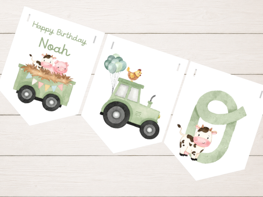 Personalised Birthday Bunting with Child’s Name – Farmyard Tractor Theme
