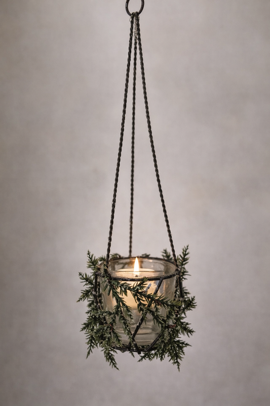Hanging Tea Light Holder with Frosted Foliage