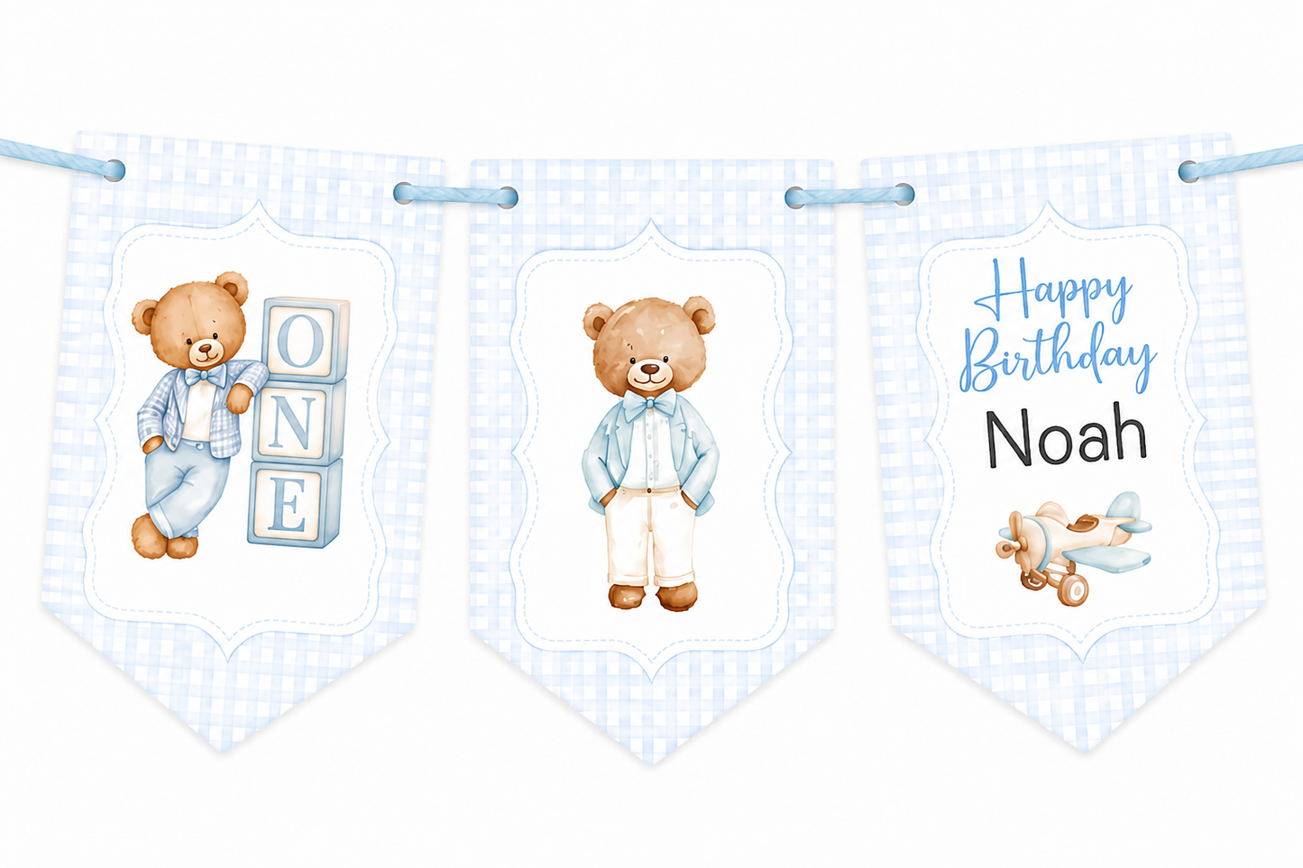 Personalised Teddy Bear Birthday Bunting | Blue Gingham 1st & 2nd Birthday Banner