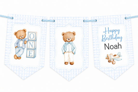 Personalised Teddy Bear Birthday Bunting | Blue Gingham 1st & 2nd Birthday Banner