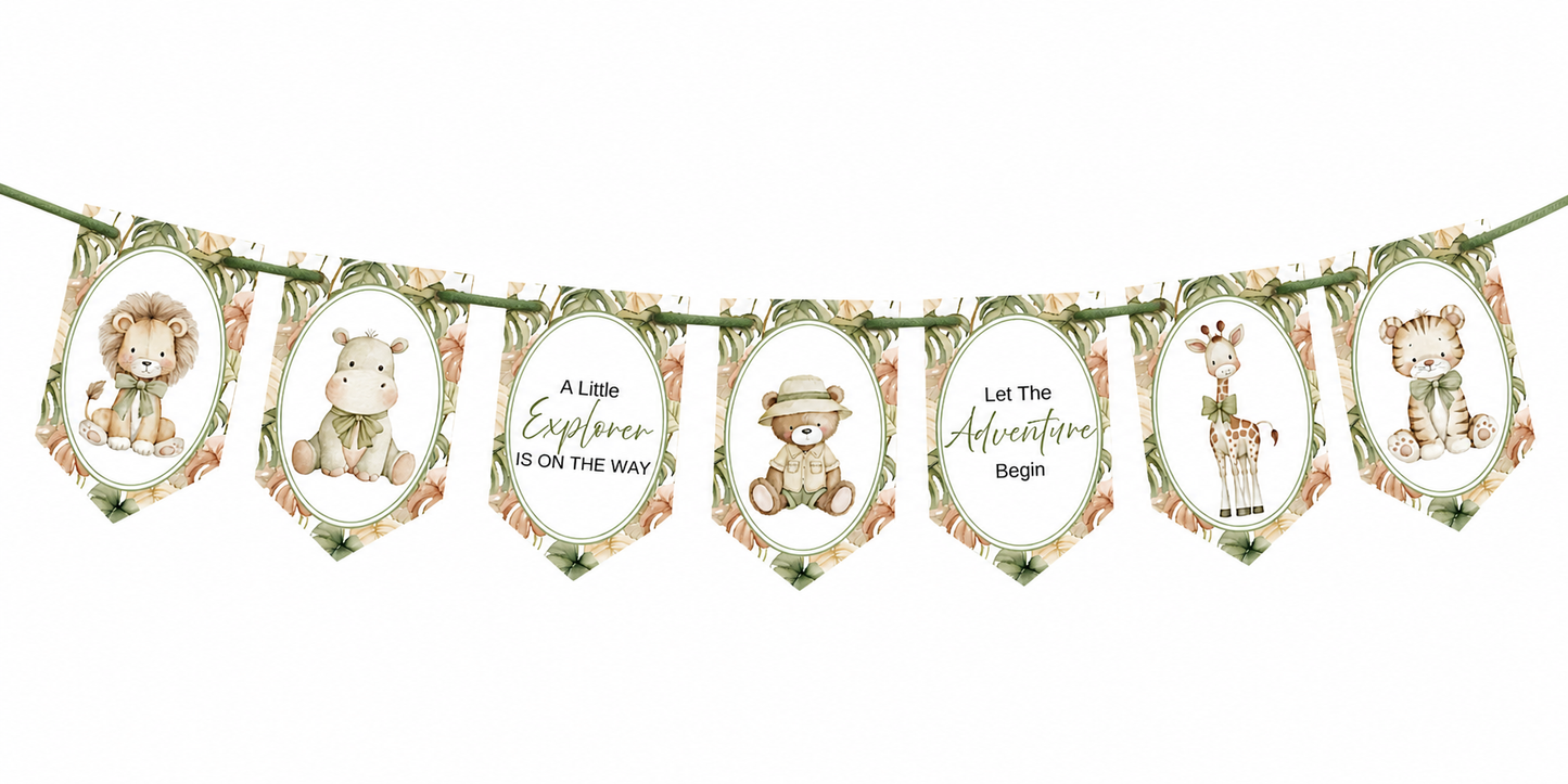 Safari Baby Shower Bunting, Let The Adventure Begin Banner, Little Explorer Garland, Neutral Safari Baby Shower Decorations