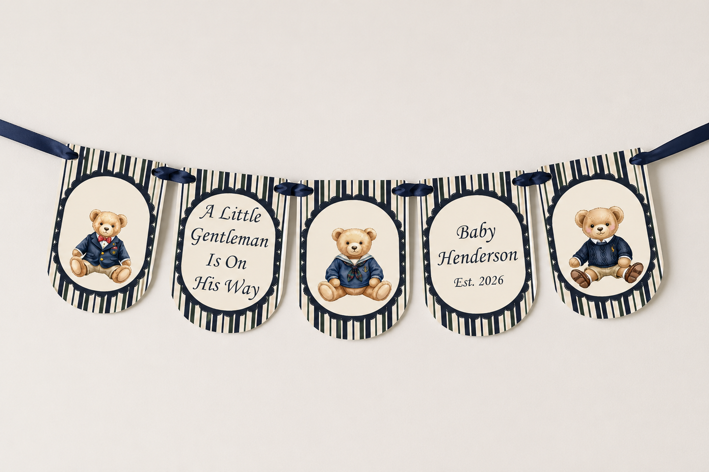 Little Gentleman Baby Shower Bunting – Personalised Teddy Bear Banner Boy