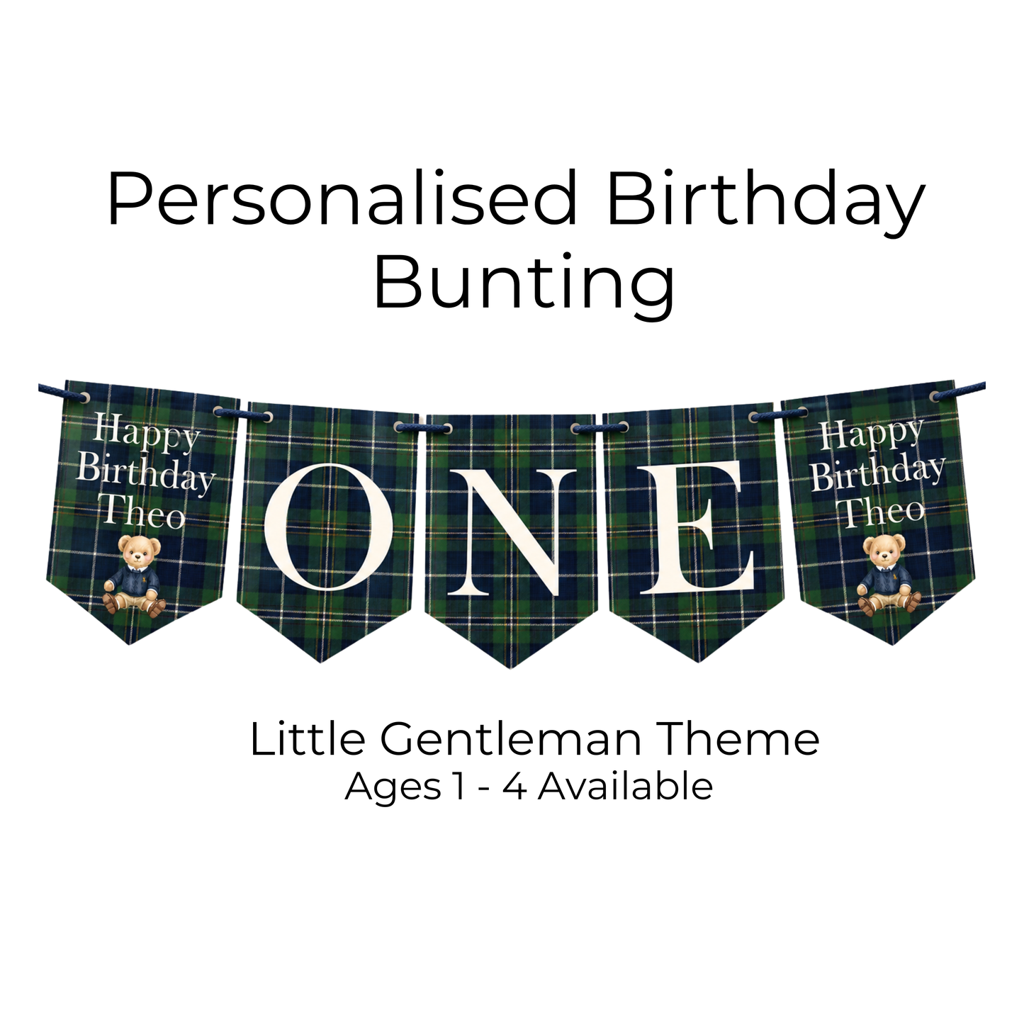 Personalised Posh Teddy Bear Birthday Banner – Vintage Tartan Plaid Bunting (Ages 1–3)