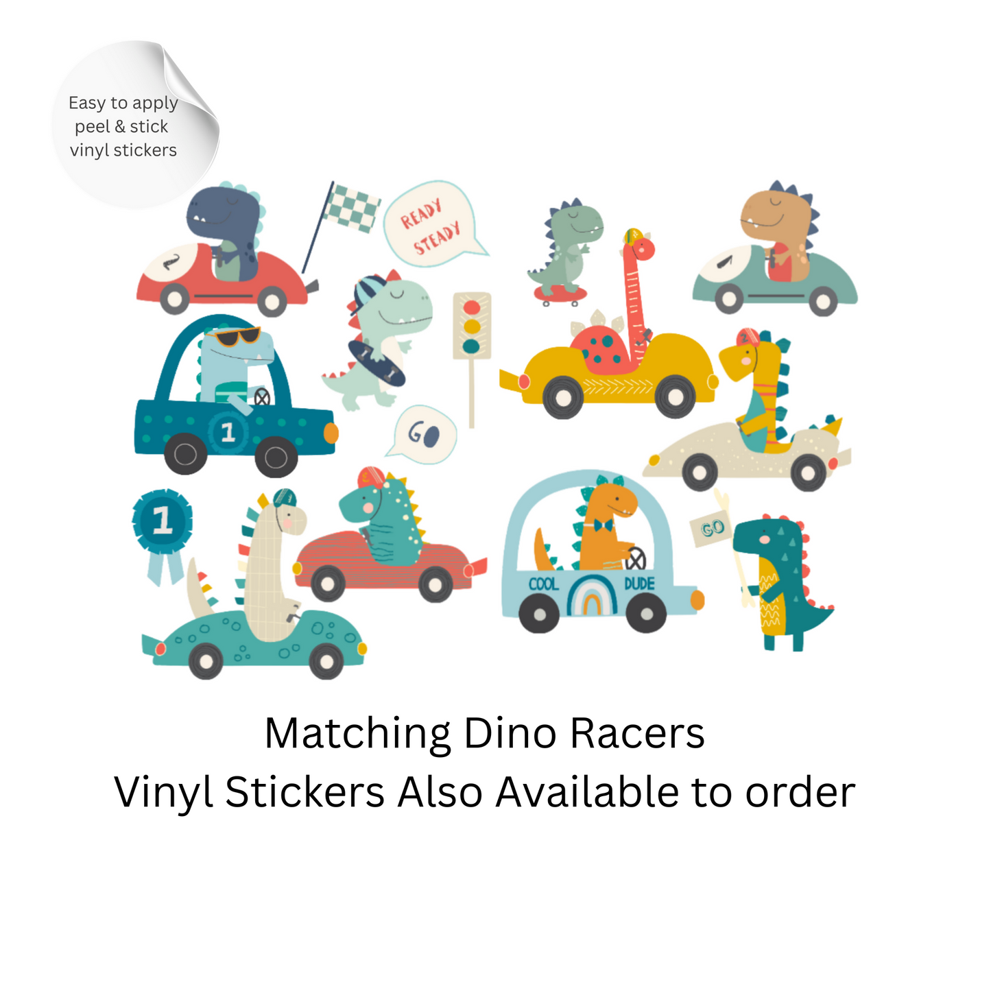 Racing Dinosaur Wall Stickers – Dino Cars Vinyl Decals, Nursery Wall Decor, Kids Room Stickers, Playroom Decor Set