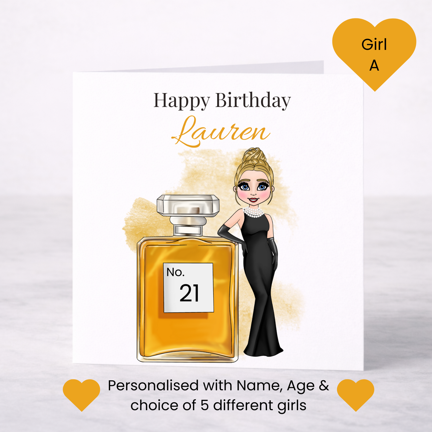 Personalised Perfume Bottle Birthday Card for Her – Lady in Black Evening Gown, Custom Age Milestone Card