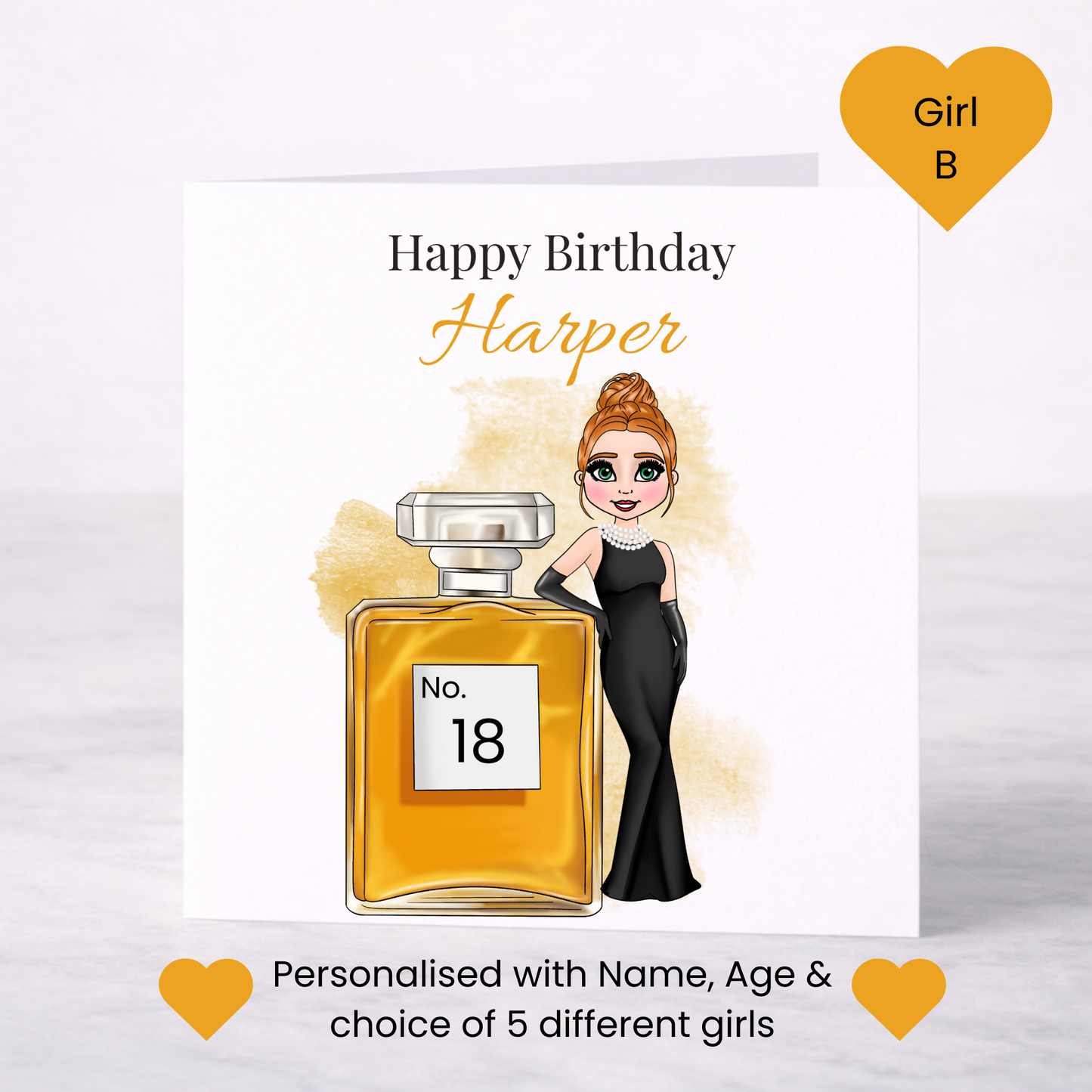 Personalised Perfume Bottle Birthday Card for Her – Lady in Black Evening Gown, Custom Age Milestone Card