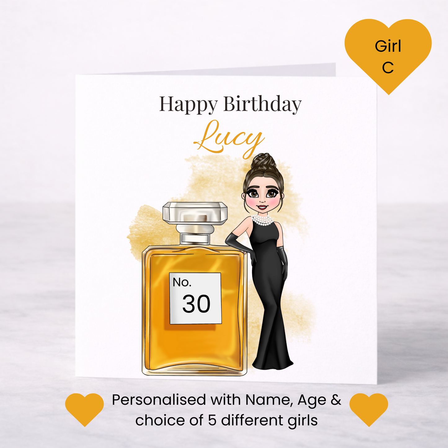 Personalised Perfume Bottle Birthday Card for Her – Lady in Black Evening Gown, Custom Age Milestone Card