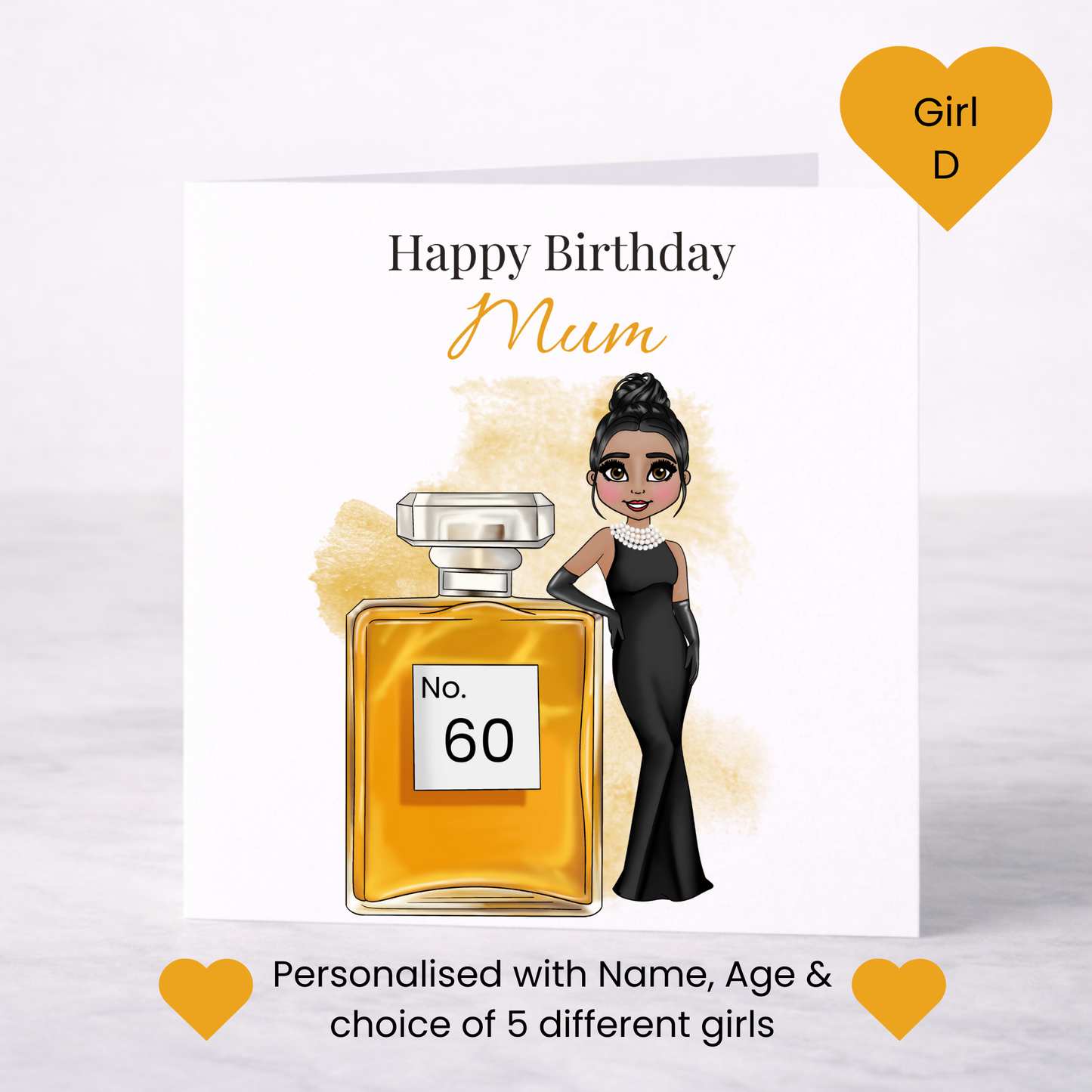 Personalised Perfume Bottle Birthday Card for Her – Lady in Black Evening Gown, Custom Age Milestone Card