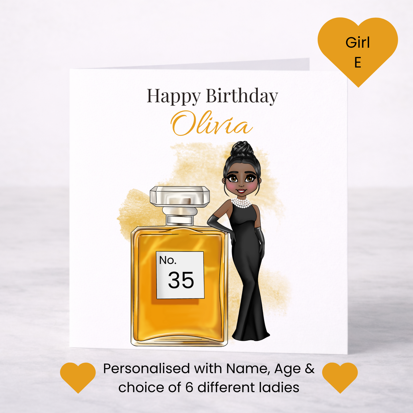 Personalised Perfume Bottle Birthday Card for Her – Lady in Black Evening Gown, Custom Age Milestone Card