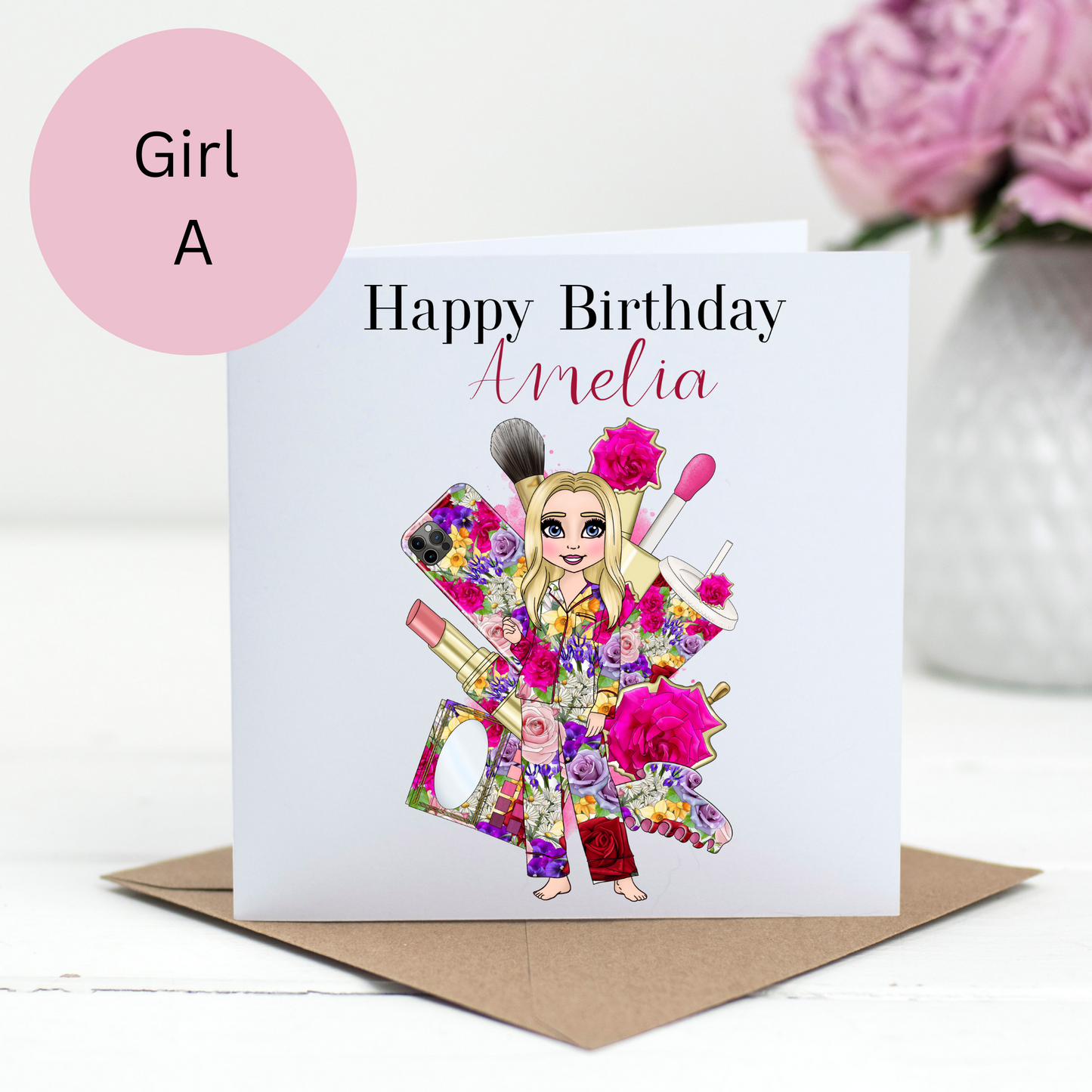 Personalised Floral Makeup Birthday Card – Pyjama Design