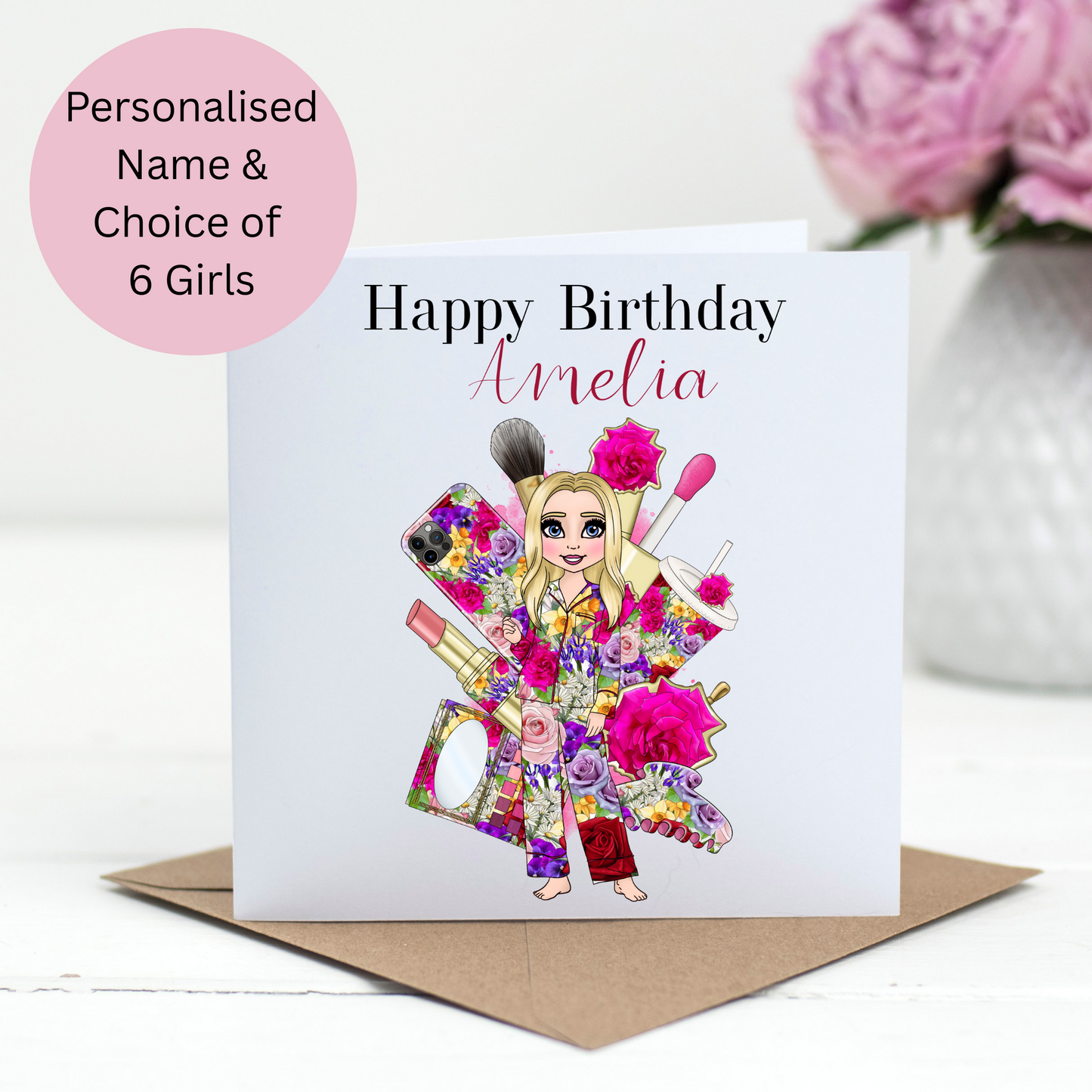 Personalised Floral Makeup Birthday Card – Pyjama Design