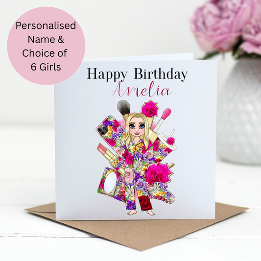 Personalised Floral Makeup Birthday Card – Pyjama Design