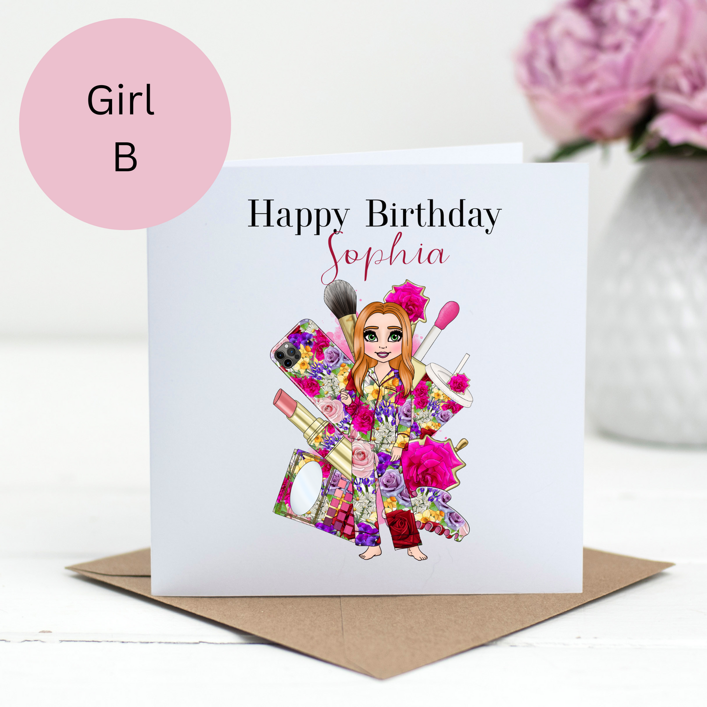 Personalised Floral Makeup Birthday Card – Pyjama Design