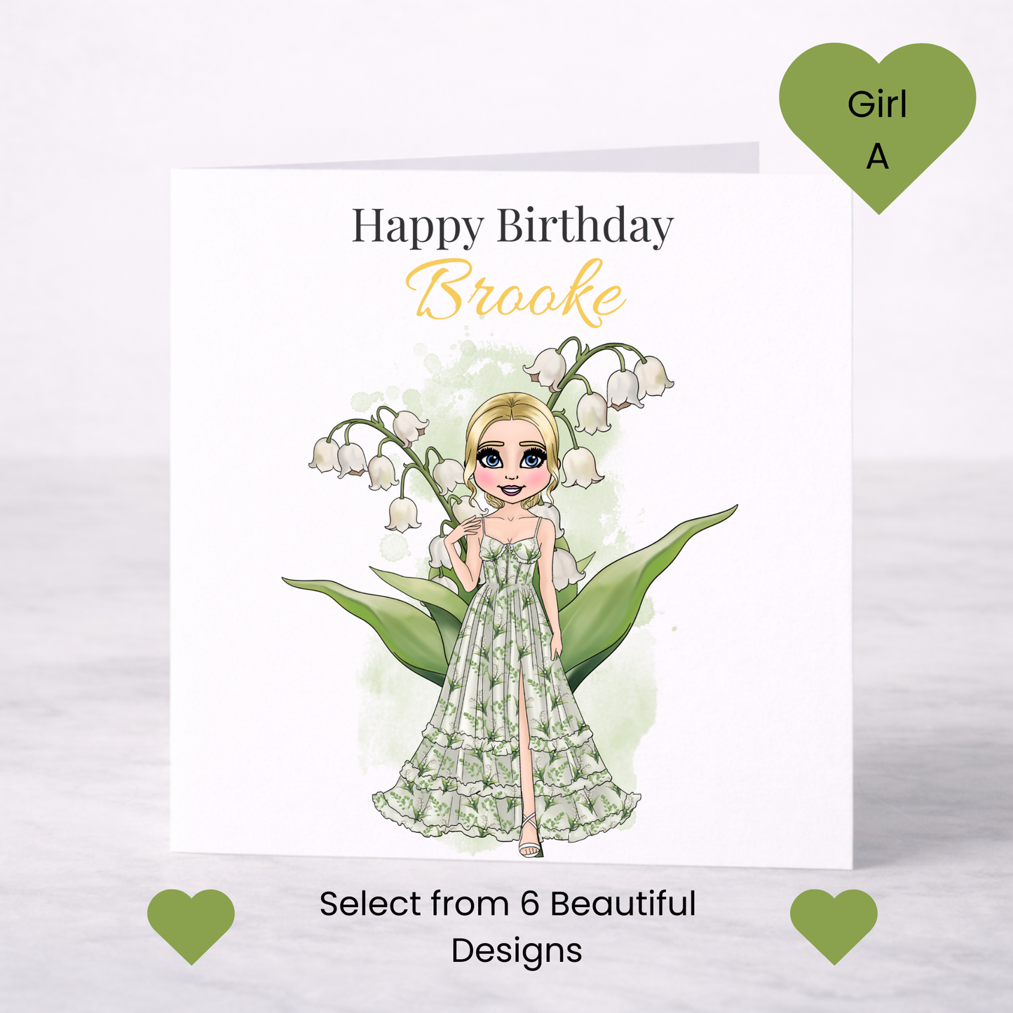 Personalised May Birth Flower Birthday Card – Lily of the Valley Design, Custom Name, Choice of Girl