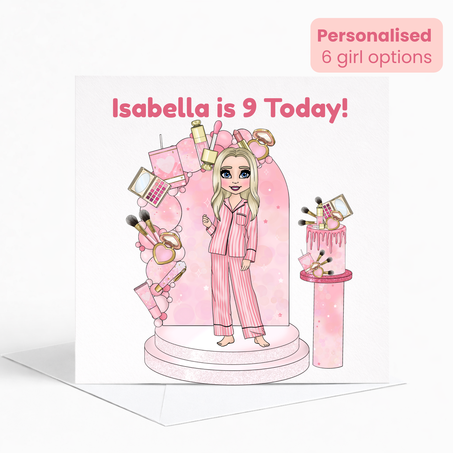 Personalised Beauty Birthday Card for Girls, Pink Pamper Spa Theme Card, Custom Name & Age Card, Sleepover Birthday Card, Stylish Girls Birthday