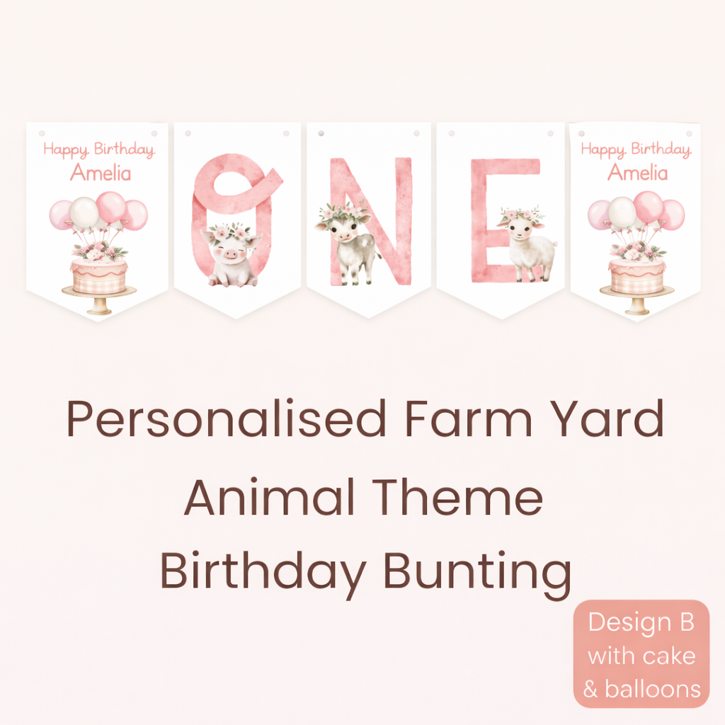 Personalised Farmyard First Birthday Bunting – Age One Banner with Name, Farm Animal Party Decor Pink Tractor