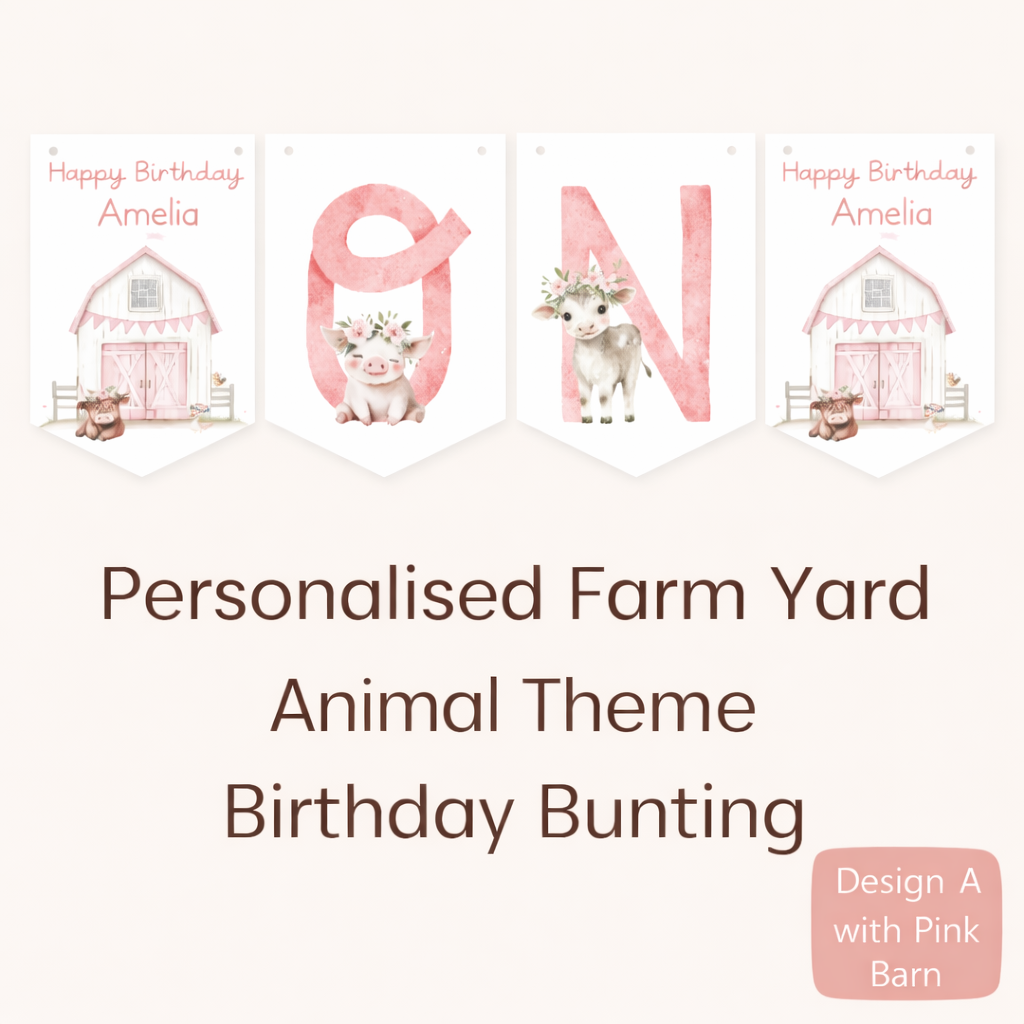 Personalised Farmyard First Birthday Bunting – Age One Banner with Name, Farm Animal Party Decor Pink Tractor