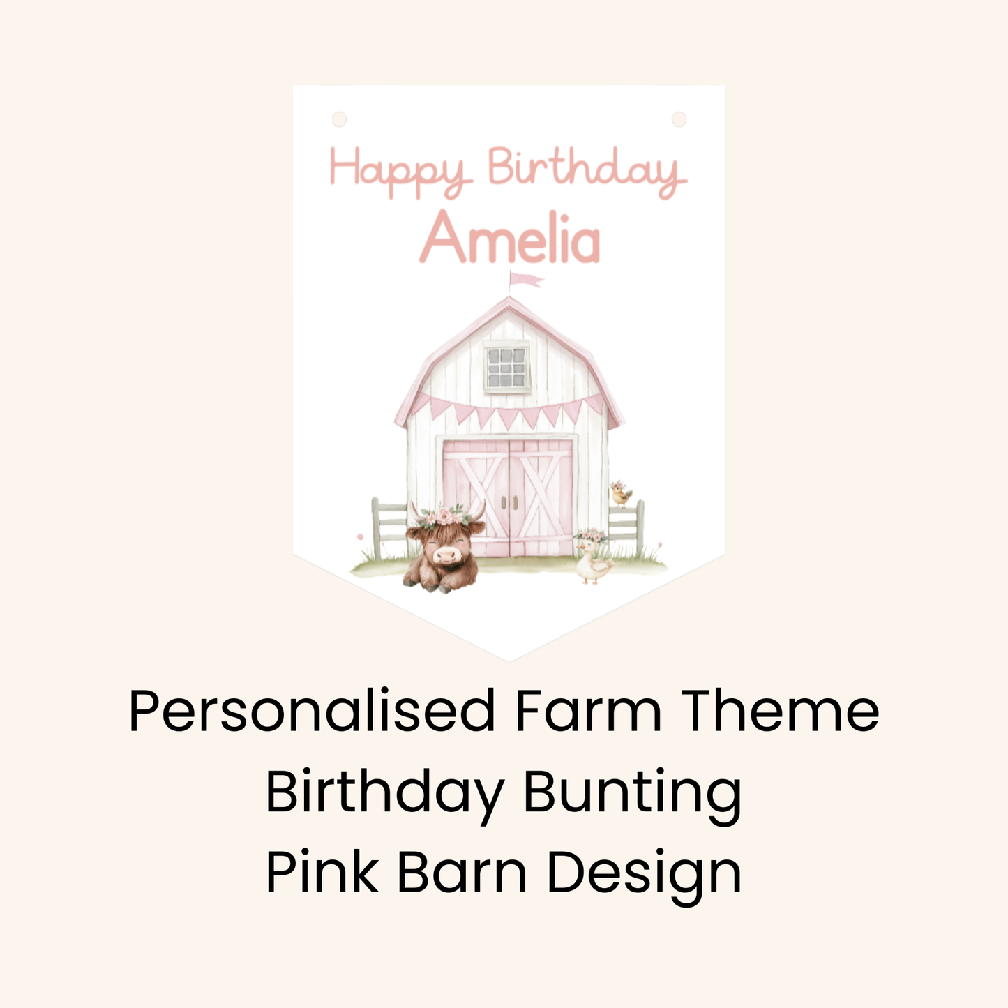 Personalised Farmyard First Birthday Bunting – Age One Banner with Name, Farm Animal Party Decor Pink Tractor