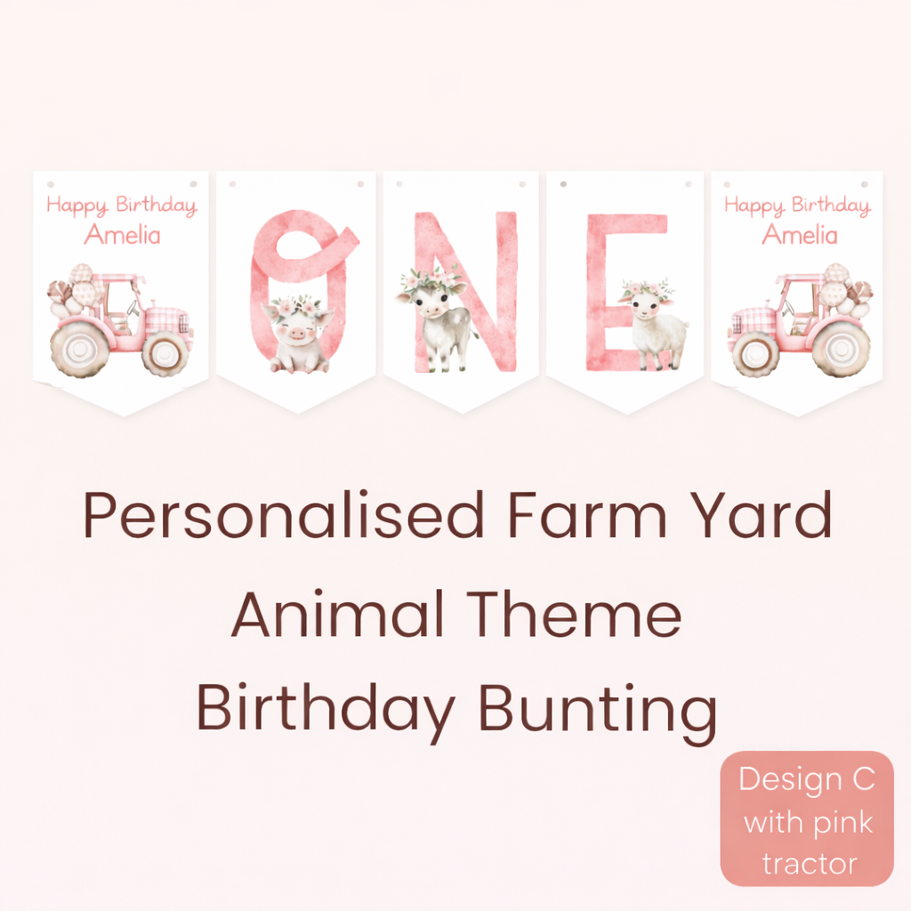 Personalised Farmyard First Birthday Bunting – Age One Banner with Name, Farm Animal Party Decor Pink Tractor
