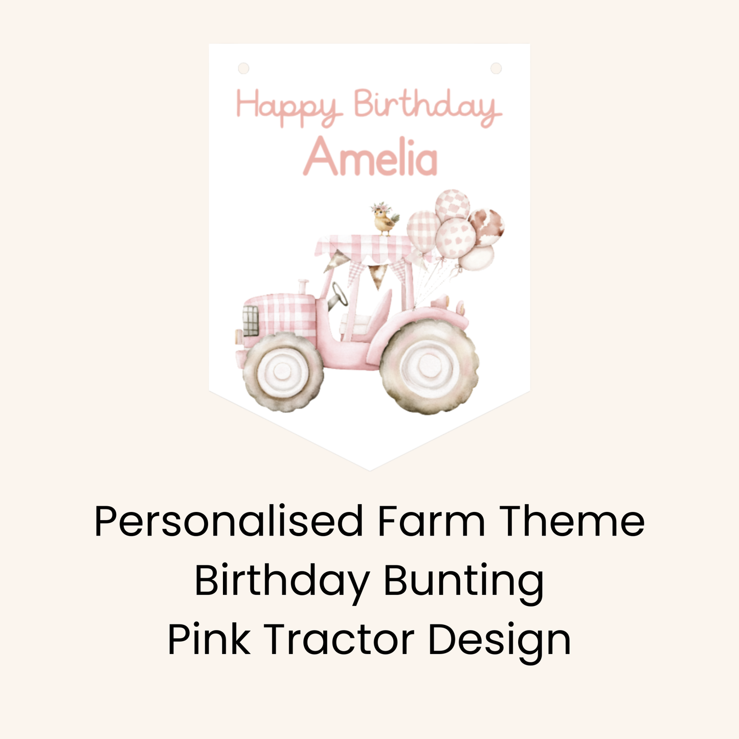 Personalised Farmyard First Birthday Bunting – Age One Banner with Name, Farm Animal Party Decor Pink Tractor
