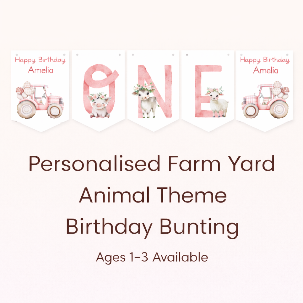 Personalised Farmyard First Birthday Bunting – Age One Banner with Name, Farm Animal Party Decor Pink Tractor