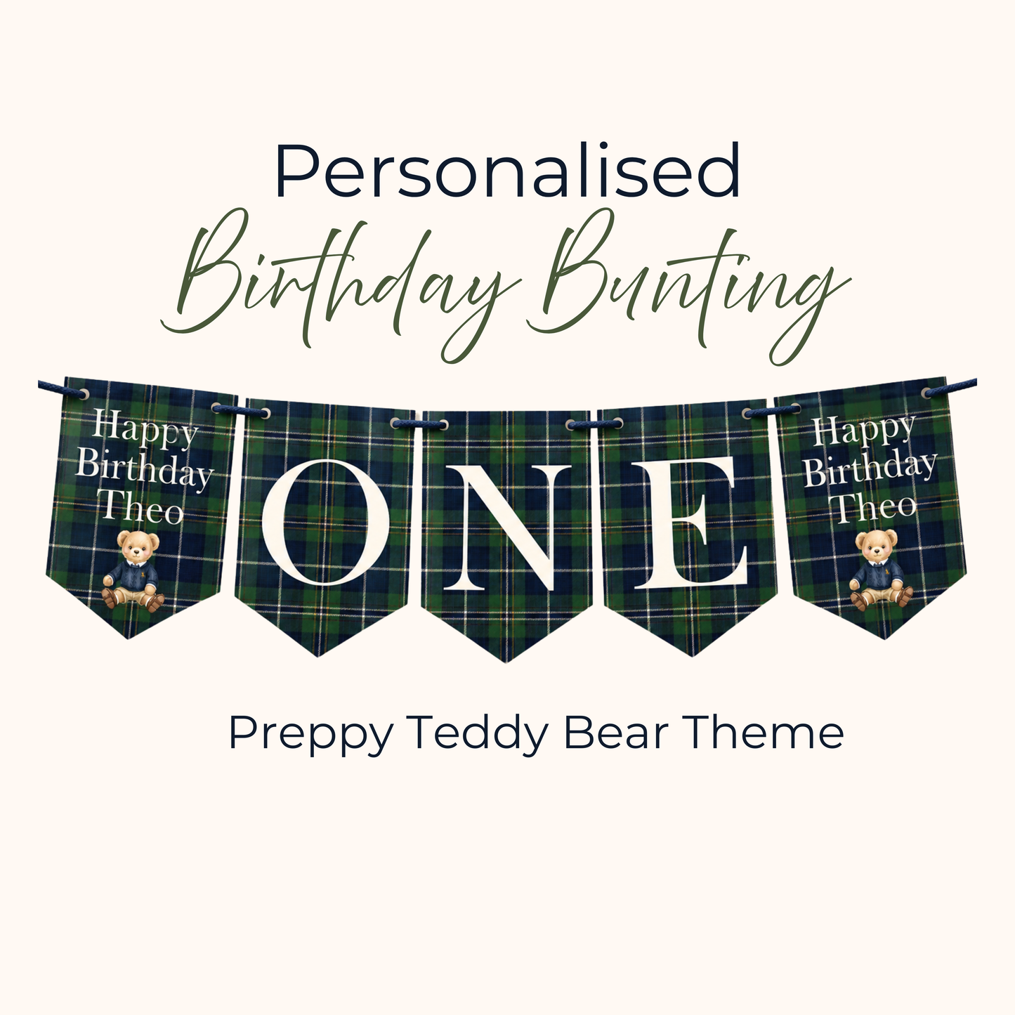 Personalised Posh Teddy Bear Birthday Banner – Vintage Tartan Plaid Bunting (Ages 1–3)