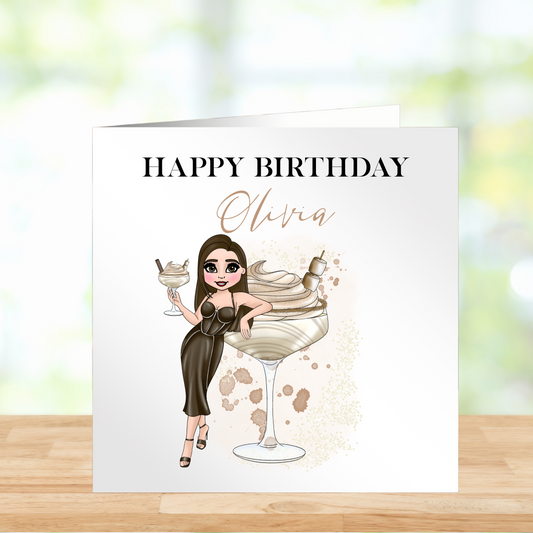 Personalised Cocktail Birthday Card – Irish Cream Style, Choice of Lady