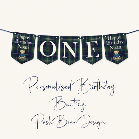 Personalised Posh Teddy Bear Birthday Banner – Vintage Tartan Plaid Bunting (Ages 1–3)